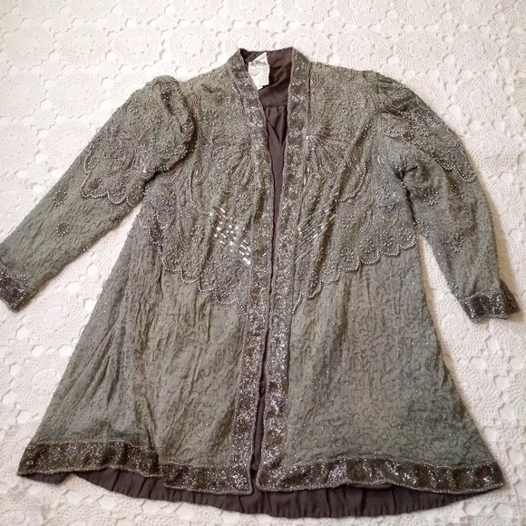 Vtg Jacket Silk Beaded Sequin Gray Silver Heavy Cocktail Evening XL XXL Women - Picture 1 of 9